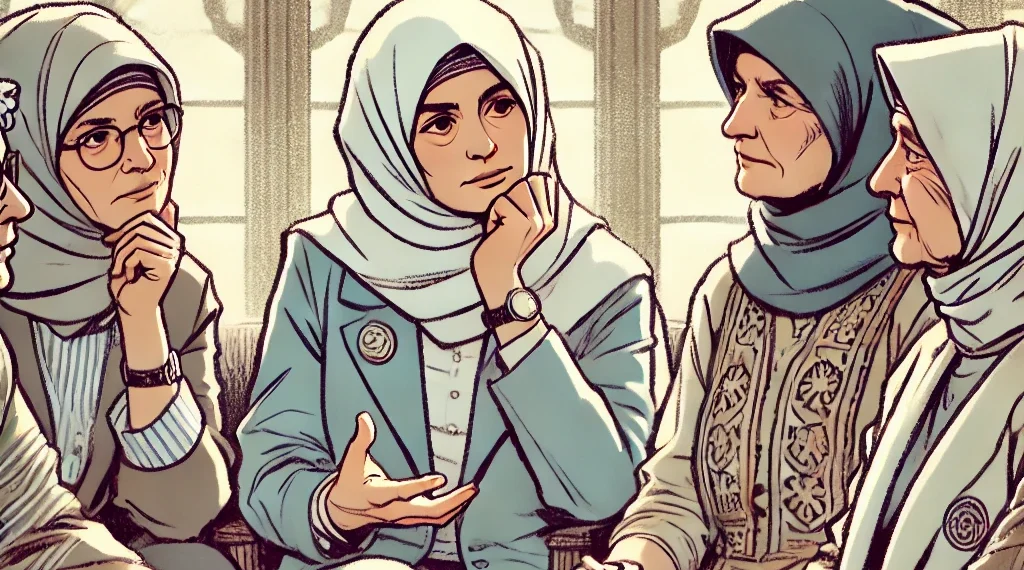 A thoughtful and expressive illustration of a group of older Turkish women sharing a serious story at a cultural event. One woman is speaking with emo
