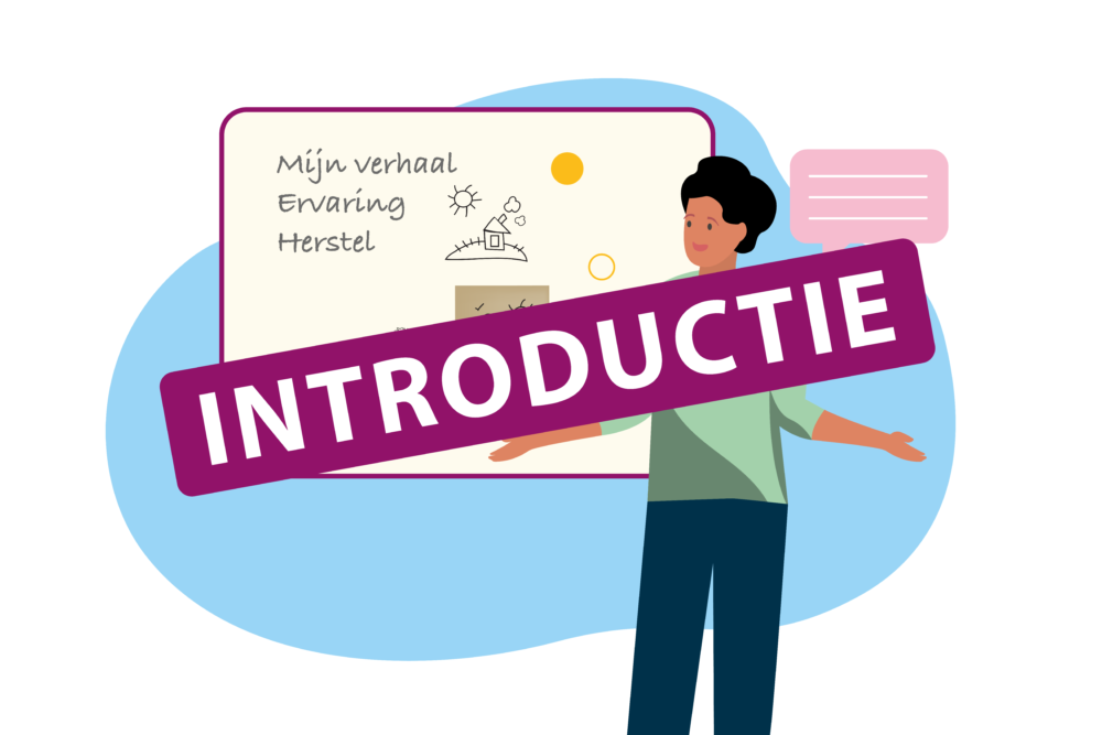 Jongen die voor een bord staat met afbeeldingen om zijn verhaal en ervaring van herstel te vertellen met woord en beeld met woord introductie er op