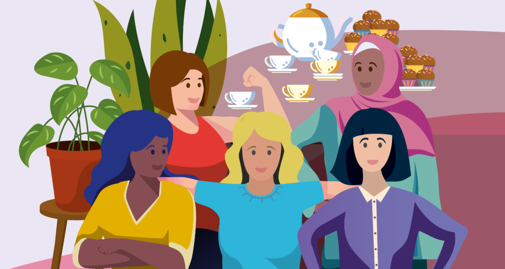 Vrouwen en Verbinding Illustratie van vrouwen die samen thee drinken en taart eten